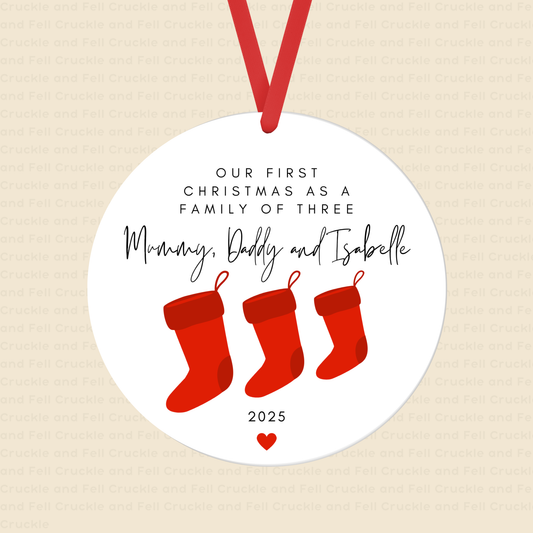 Personalised "Our First Christmas as a Family of Three" Stocking Tree Decoration