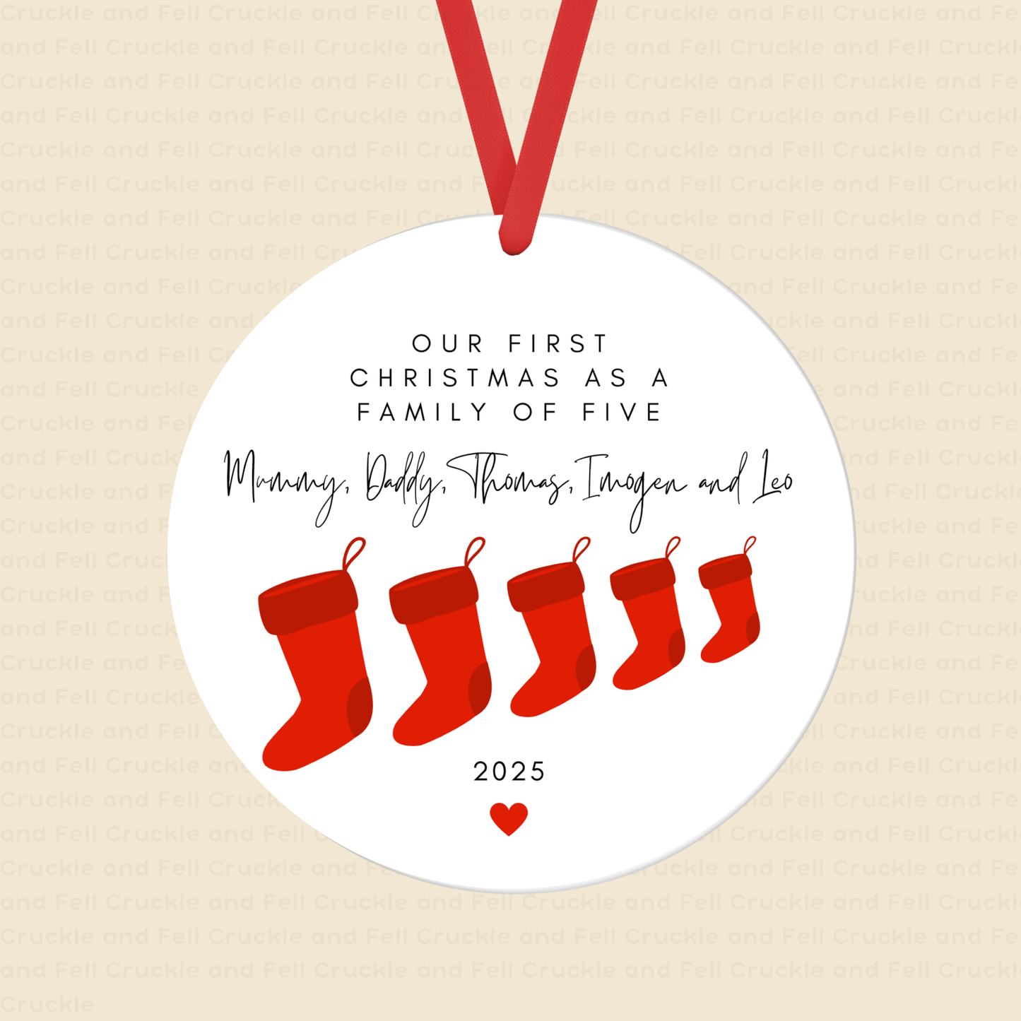 Personalised "Our First Christmas as a Family of Five" Stocking Tree Decoration